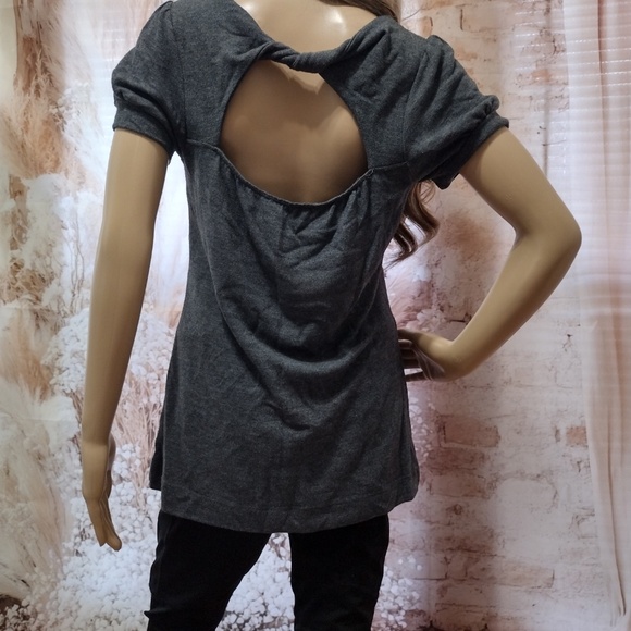 Women's Large Dark Gray Open Back Twist Short Sleeve Blouse Top - Picture 1 of 10